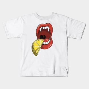 Mouth with vampire teeth about to take a bite into a slice of a sour lemon Kids T-Shirt